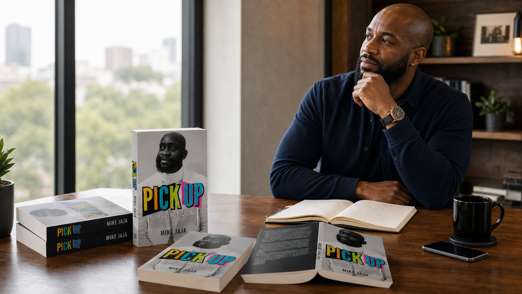 Mike Jaja seated at a desk with several copies of Pick Up: Your Calling Is Calling placed across the tabletop.