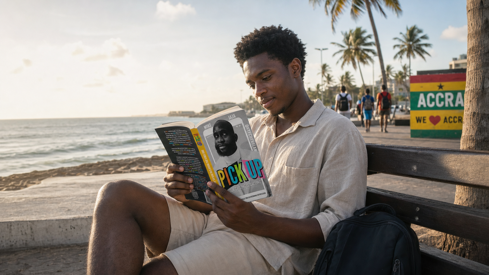 A reader reading Pick Up: Your Calling Is Calling near the beach.