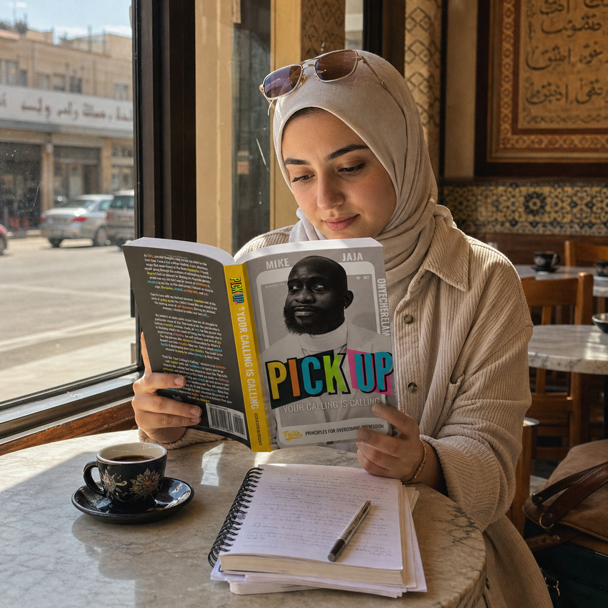 A reader holding Pick Up: Your Calling Is Calling in a coffee shop.