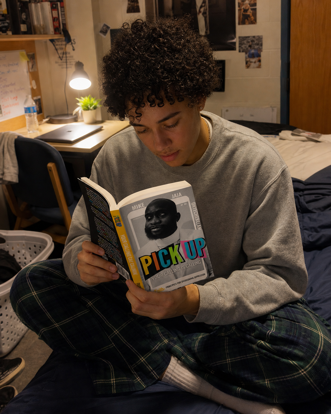A reader at home holding Pick Up: Your Calling Is Calling.