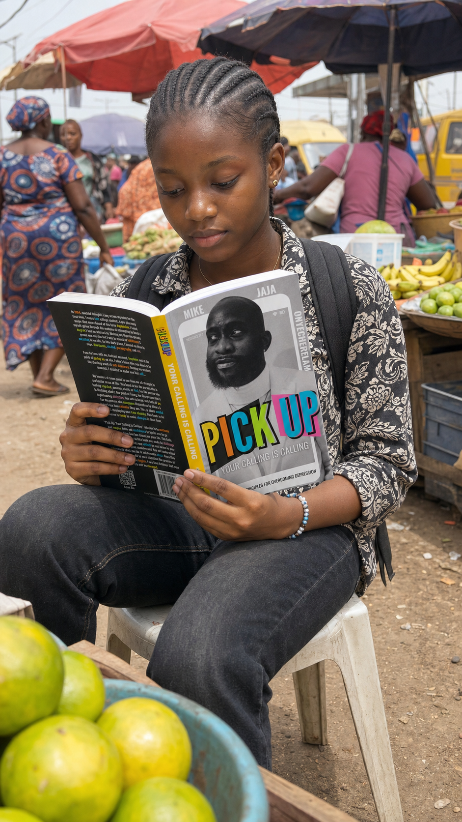 A reader holding Pick Up: Your Calling Is Calling in a market setting.