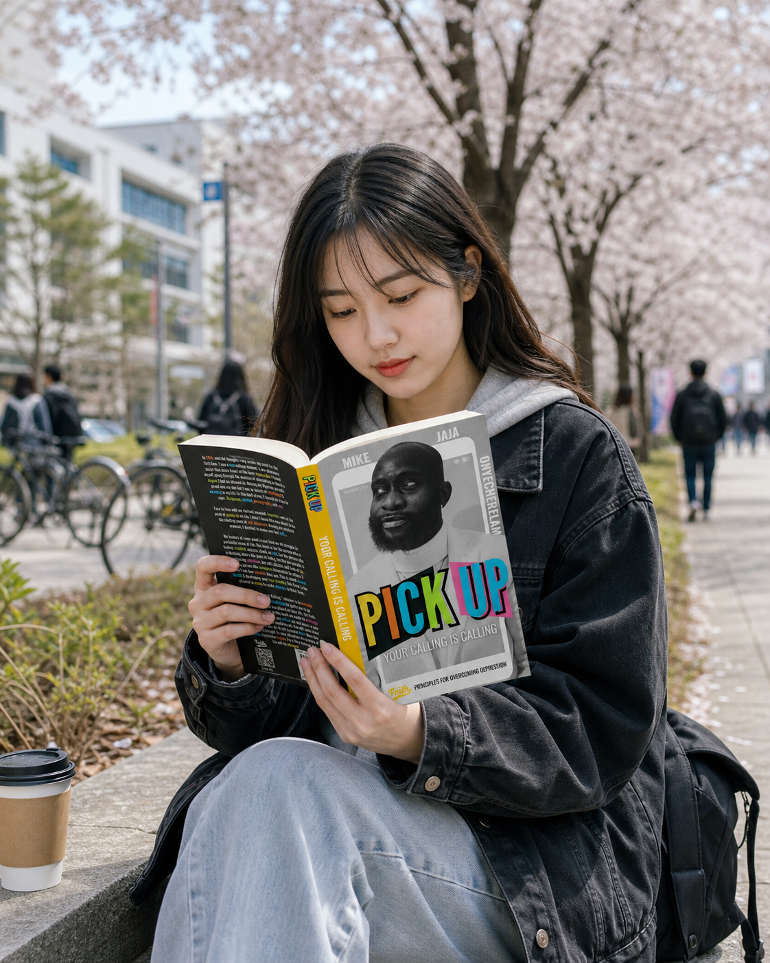 A reader outdoors holding Pick Up: Your Calling Is Calling.