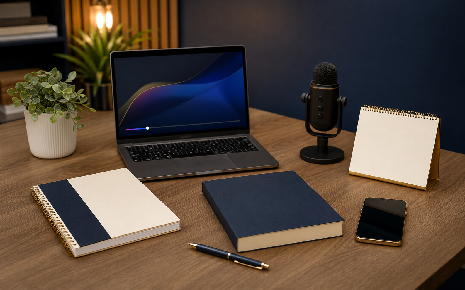 A coaching table with a workbook, book, laptop, calendar, microphone, and pen representing available next steps.